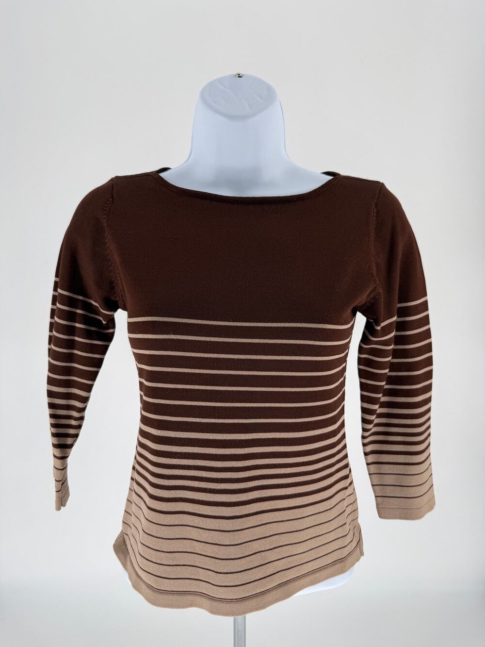 Finity Studio Petite Medium Brown Beige Striped Boat Neck Knit Sweater Top PM